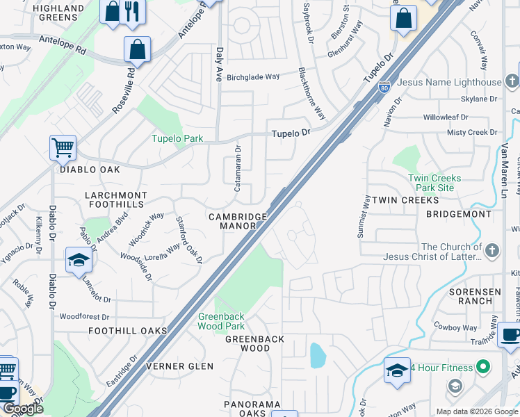 map of restaurants, bars, coffee shops, grocery stores, and more near 7116 Parkvale Way in Citrus Heights