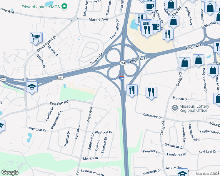 map of restaurants, bars, coffee shops, grocery stores, and more near 12401 Boulder Springs Drive in St. Louis