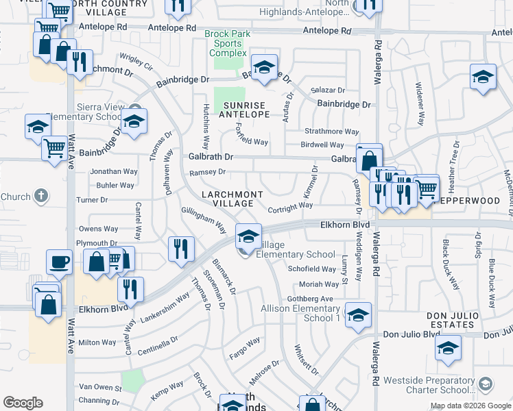 map of restaurants, bars, coffee shops, grocery stores, and more near 4037 Cortright Way in North Highlands