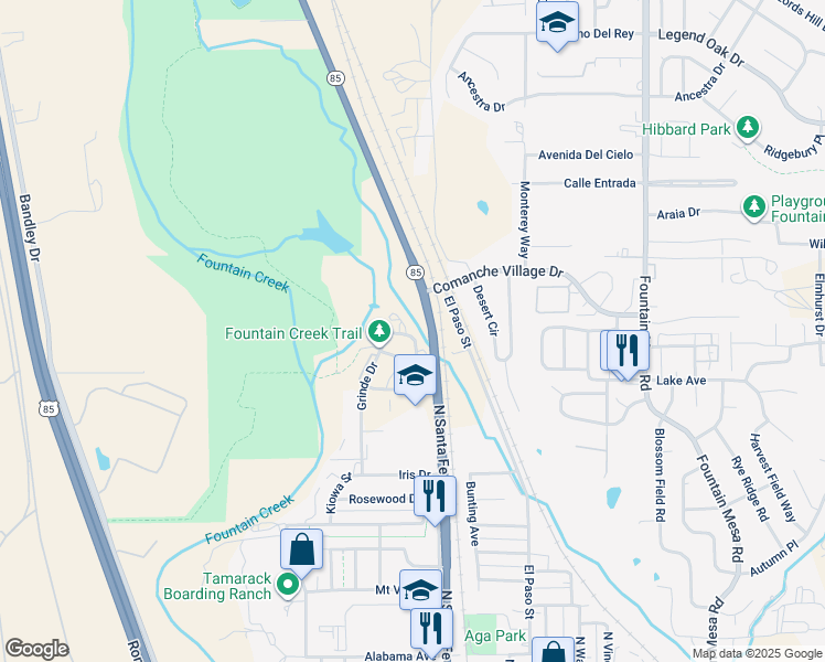 map of restaurants, bars, coffee shops, grocery stores, and more near 9395 Trailside View in Fountain