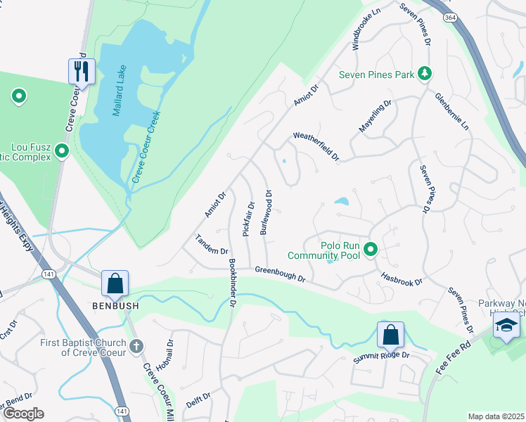 map of restaurants, bars, coffee shops, grocery stores, and more near 1877 Burlewood Drive in St. Louis