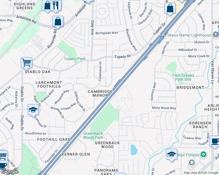 map of restaurants, bars, coffee shops, grocery stores, and more near 7128 Parkvale Way in Citrus Heights