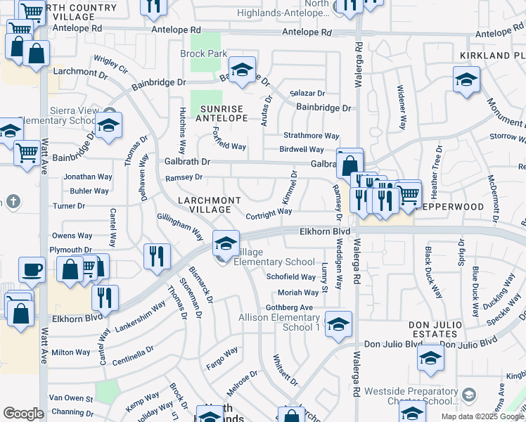 map of restaurants, bars, coffee shops, grocery stores, and more near 4113 Cortright Way in North Highlands