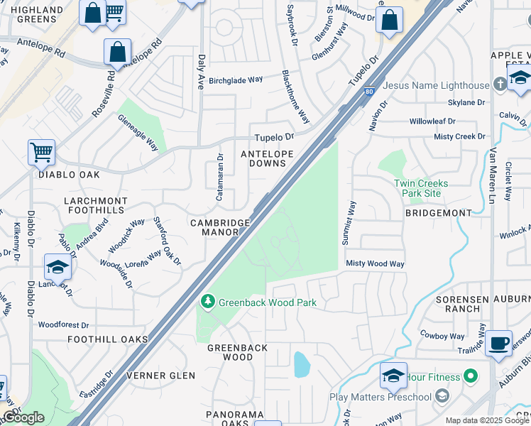 map of restaurants, bars, coffee shops, grocery stores, and more near 7140 Parkvale Way in Citrus Heights