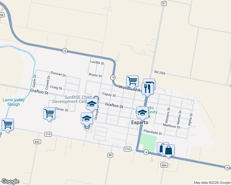 map of restaurants, bars, coffee shops, grocery stores, and more near 16841 Orleans Street in Esparto
