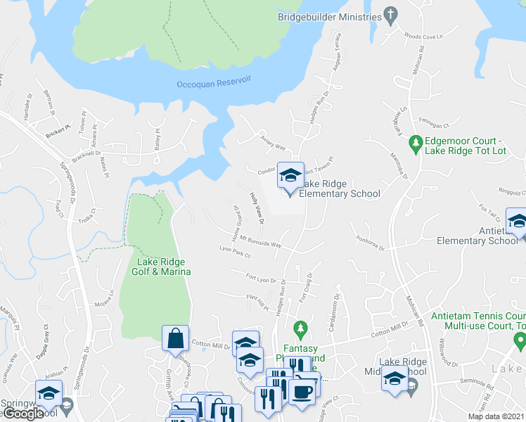 map of restaurants, bars, coffee shops, grocery stores, and more near 11979 Holly View Drive in Woodbridge