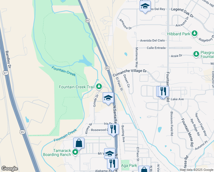map of restaurants, bars, coffee shops, grocery stores, and more near 9395 Trailside View in Fountain