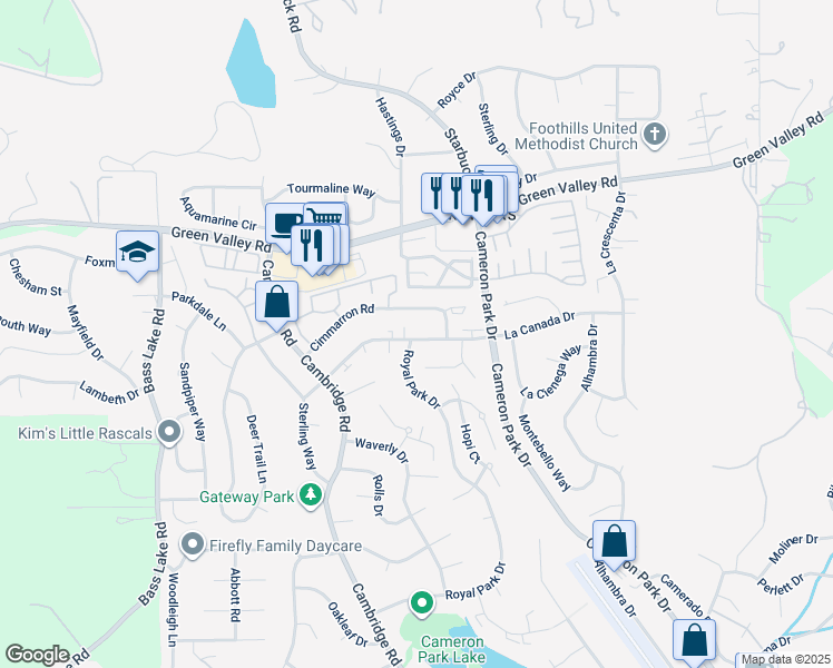 map of restaurants, bars, coffee shops, grocery stores, and more near 3345 La Canada Drive in Cameron Park
