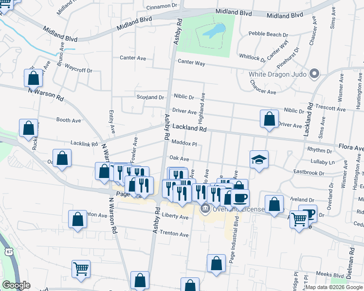 map of restaurants, bars, coffee shops, grocery stores, and more near 10404 Maddox Place in Overland