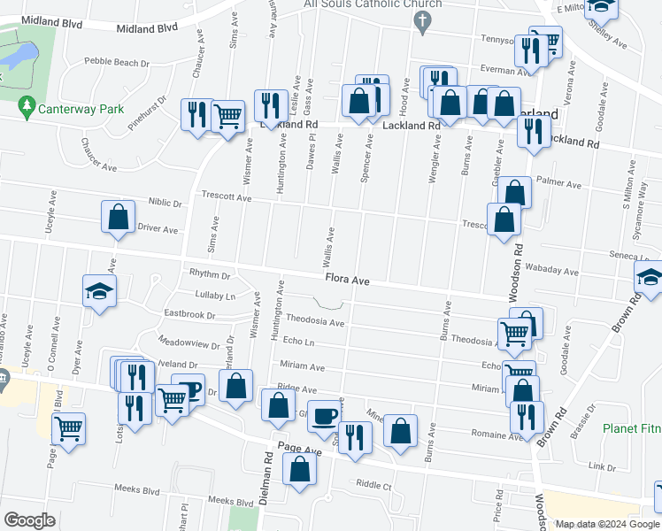 map of restaurants, bars, coffee shops, grocery stores, and more near 2206 Wallis Avenue in Overland