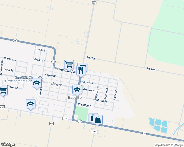 map of restaurants, bars, coffee shops, grocery stores, and more near 16785 Woodland Avenue in Esparto
