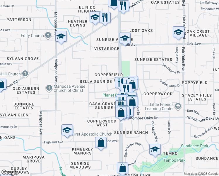 map of restaurants, bars, coffee shops, grocery stores, and more near 7100 Geowood Way in Citrus Heights