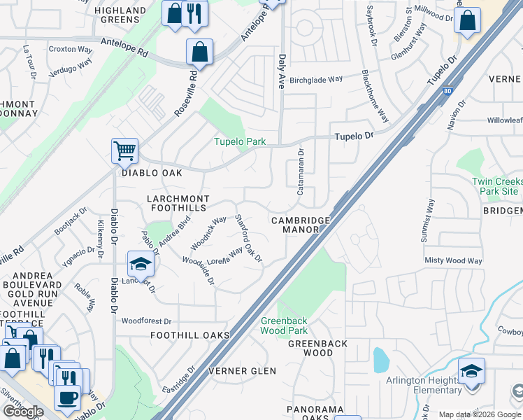 map of restaurants, bars, coffee shops, grocery stores, and more near 7036 Catamaran Drive in Citrus Heights