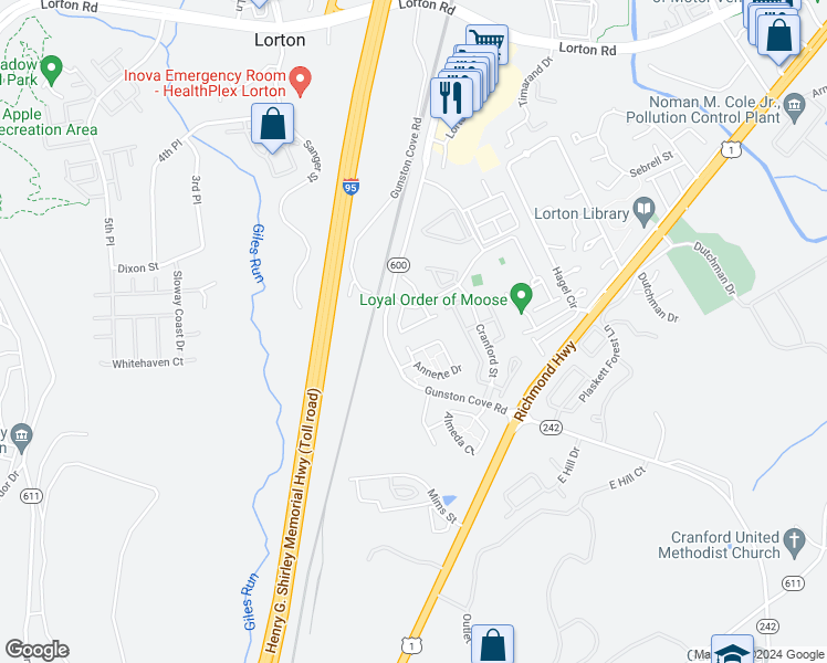 map of restaurants, bars, coffee shops, grocery stores, and more near 9654 Potters Hill Circle in Lorton