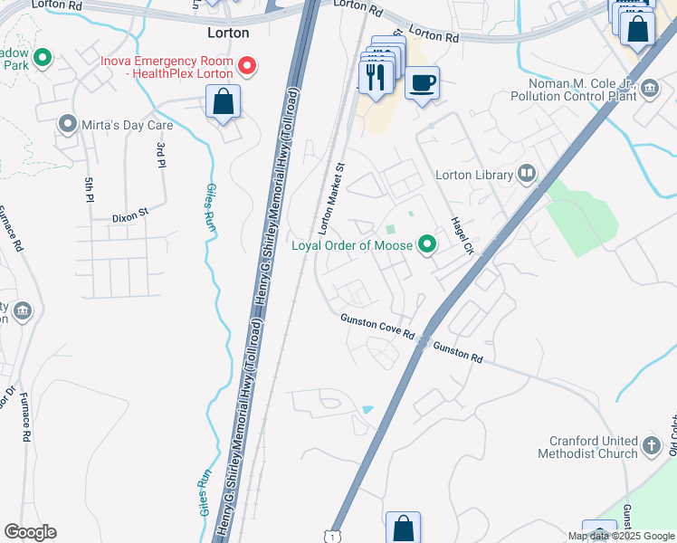map of restaurants, bars, coffee shops, grocery stores, and more near 9654 Potters Hill Circle in Lorton