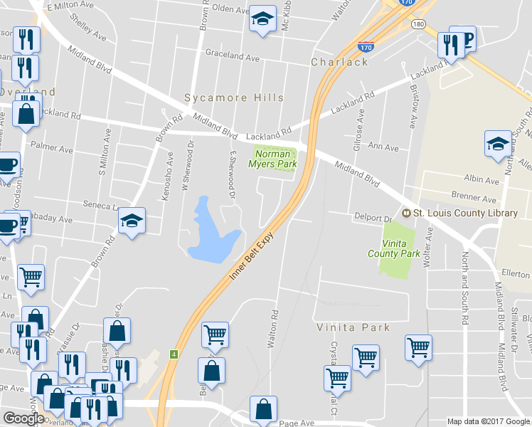 map of restaurants, bars, coffee shops, grocery stores, and more near 2222 Woodgrass Drive in Overland