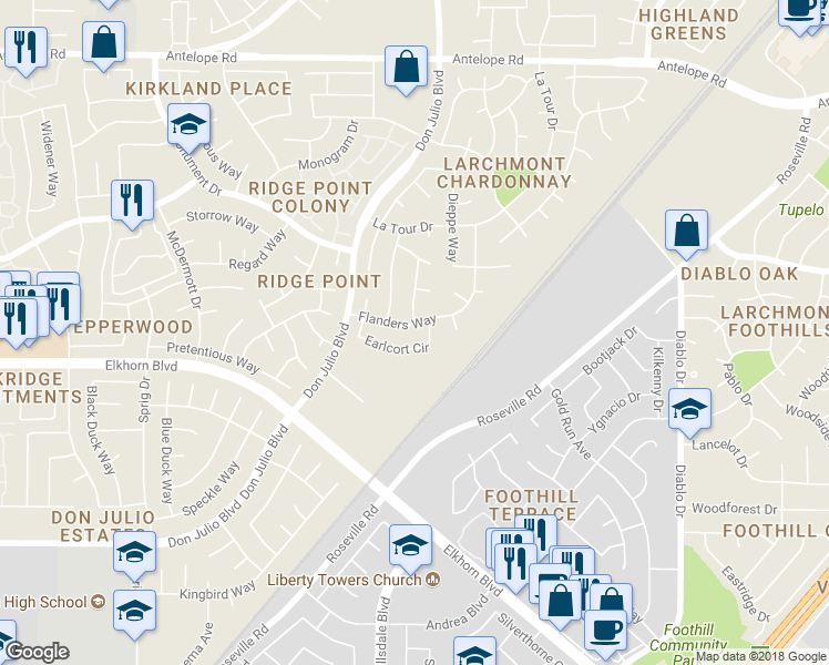 map of restaurants, bars, coffee shops, grocery stores, and more near 7020 Flanders Way in Sacramento