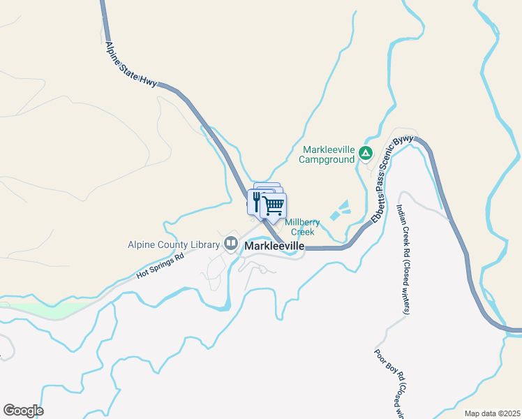 map of restaurants, bars, coffee shops, grocery stores, and more near Weber Street in Markleeville