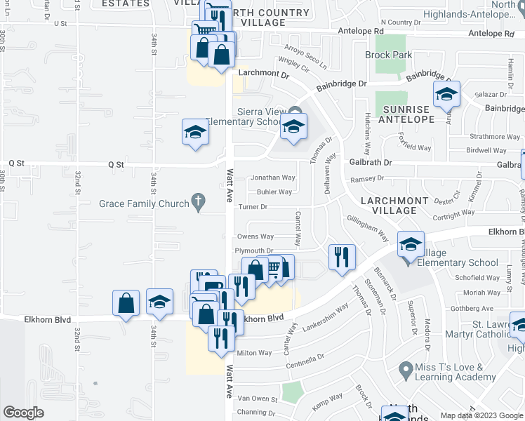 map of restaurants, bars, coffee shops, grocery stores, and more near 3628 Turner Drive in North Highlands