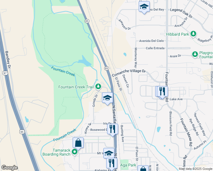 map of restaurants, bars, coffee shops, grocery stores, and more near 9395 Trailside View in Fountain