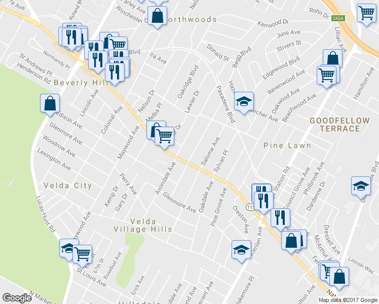 map of restaurants, bars, coffee shops, grocery stores, and more near 3709 Manola Ave in St Louis