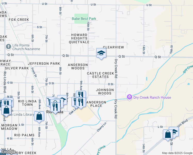 map of restaurants, bars, coffee shops, grocery stores, and more near 7021 Castle Creek Way in Rio Linda