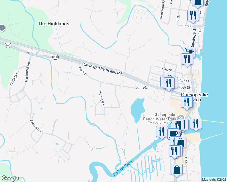 map of restaurants, bars, coffee shops, grocery stores, and more near 3246 Rector Lookout in Chesapeake Beach