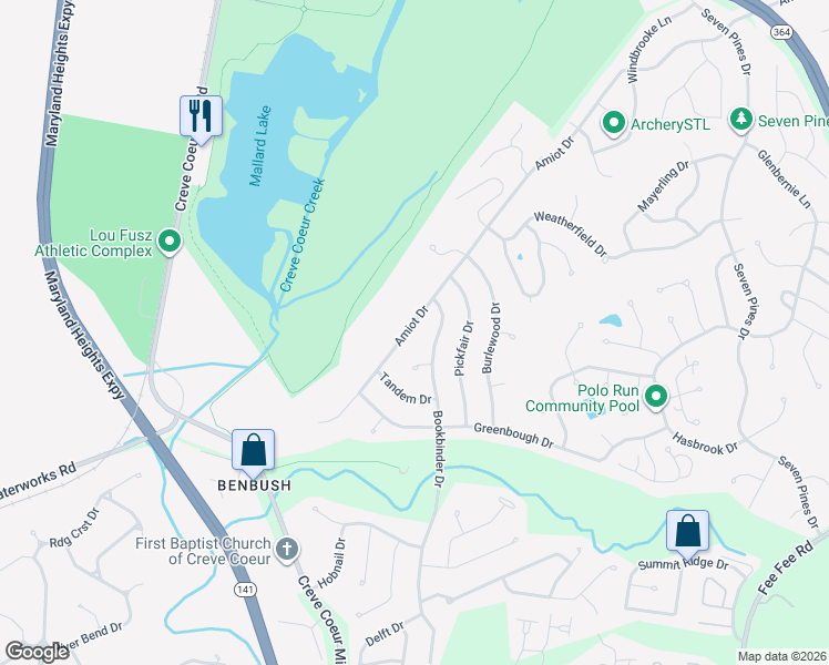 map of restaurants, bars, coffee shops, grocery stores, and more near 13636 Amiot Drive in St. Louis
