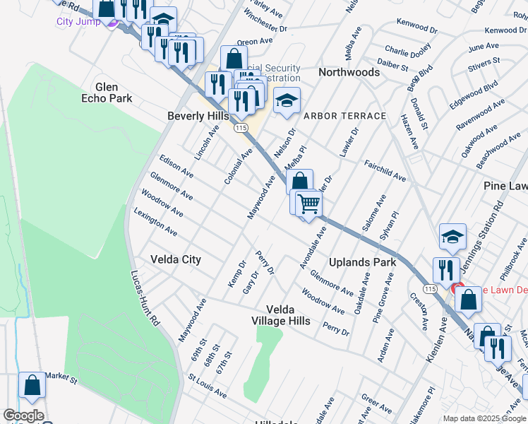 map of restaurants, bars, coffee shops, grocery stores, and more near 3513 Belaire Place in St. Louis