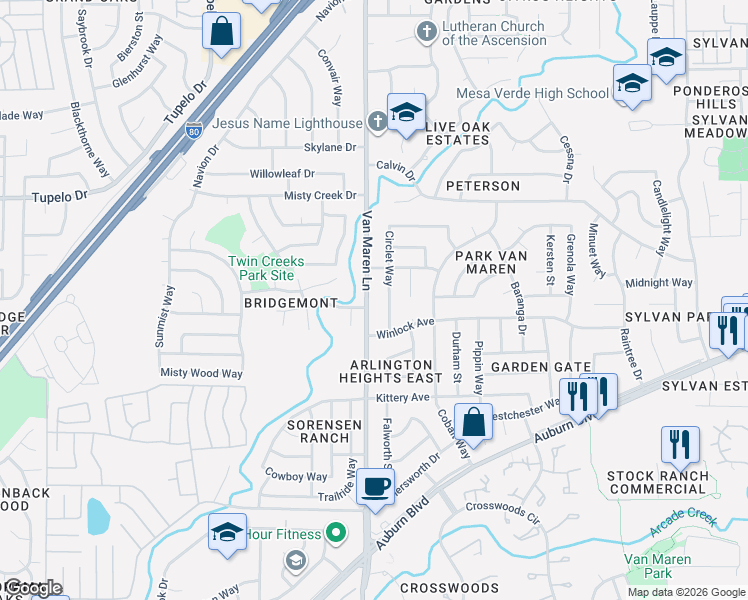 map of restaurants, bars, coffee shops, grocery stores, and more near 7121 Circlet Way in Citrus Heights