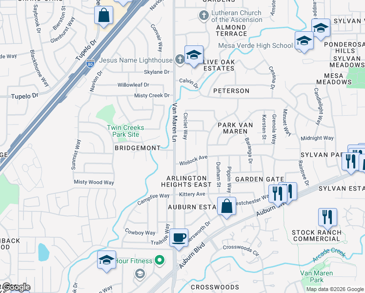 map of restaurants, bars, coffee shops, grocery stores, and more near 7121 Circlet Way in Citrus Heights