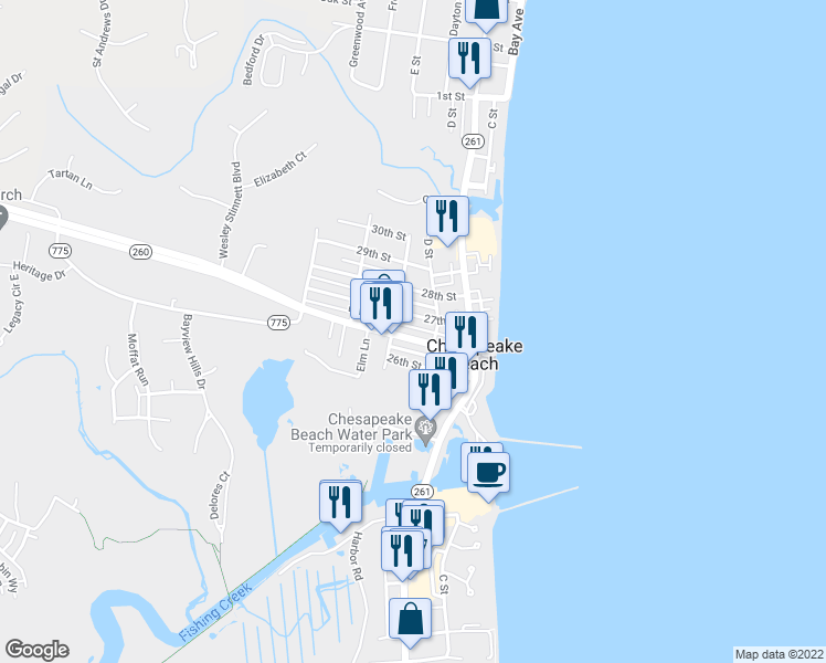 map of restaurants, bars, coffee shops, grocery stores, and more near 3810 Maryland 260 in Chesapeake Beach