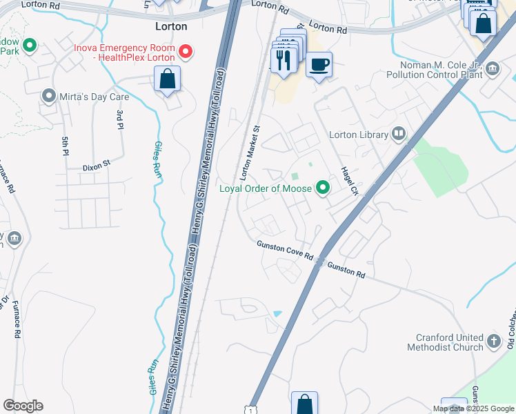 map of restaurants, bars, coffee shops, grocery stores, and more near 9658 Potters Hill Circle in Lorton