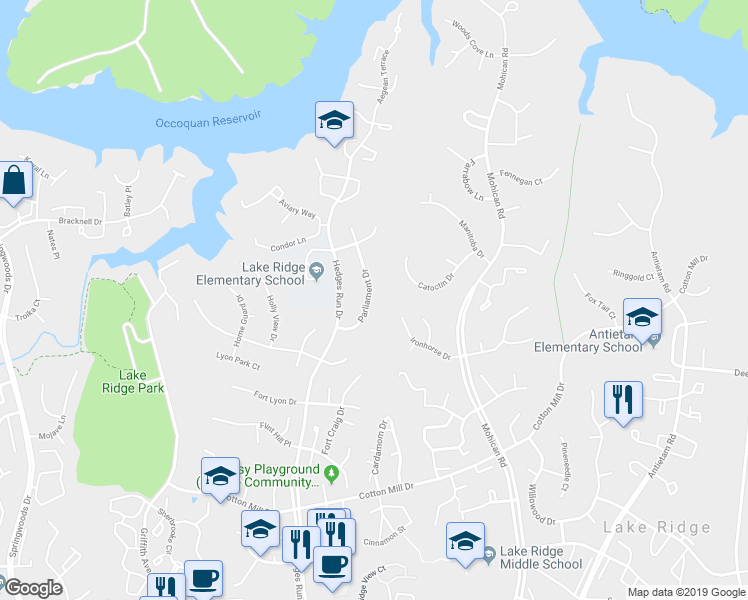 map of restaurants, bars, coffee shops, grocery stores, and more near 11827 Parliment Drive in Woodbridge