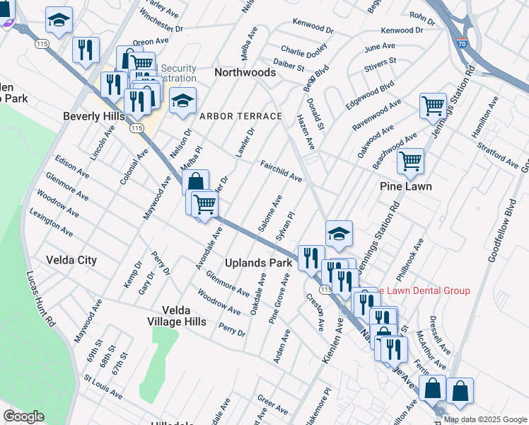 map of restaurants, bars, coffee shops, grocery stores, and more near 3717 Salome Avenue in St. Louis