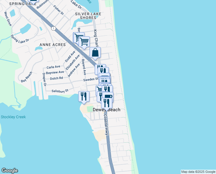 map of restaurants, bars, coffee shops, grocery stores, and more near 2000 Coastal Highway in Dewey Beach