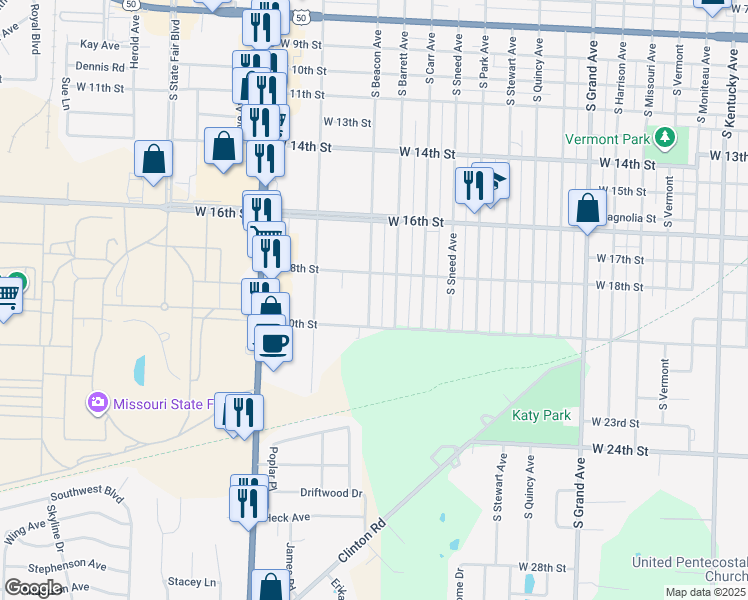 map of restaurants, bars, coffee shops, grocery stores, and more near 1827 South Beacon Avenue in Sedalia