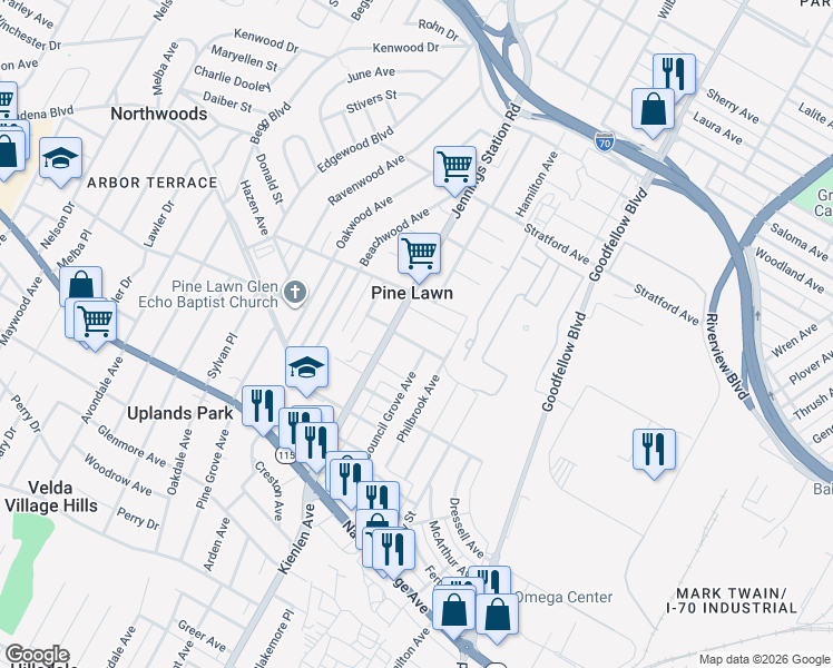 map of restaurants, bars, coffee shops, grocery stores, and more near 6113 Saint Paul Place in St. Louis