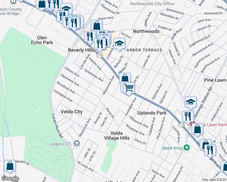 map of restaurants, bars, coffee shops, grocery stores, and more near 3513 Belaire Place in St. Louis
