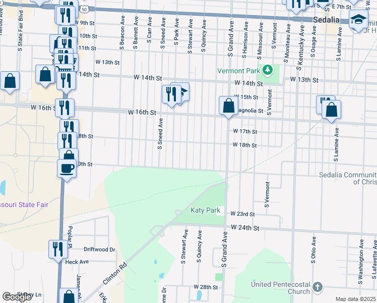 map of restaurants, bars, coffee shops, grocery stores, and more near 1817 South Stewart Avenue in Sedalia