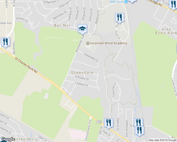 map of restaurants, bars, coffee shops, grocery stores, and more near 7445 Marillac Drive in St. Louis