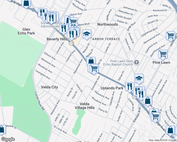 map of restaurants, bars, coffee shops, grocery stores, and more near 6814 Natural Bridge Road in St. Louis