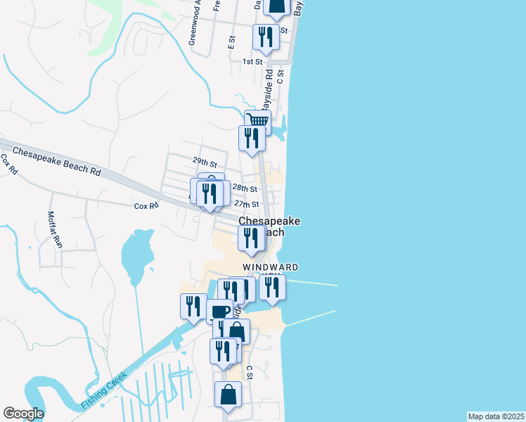 map of restaurants, bars, coffee shops, grocery stores, and more near 8236 Bayside Road in Chesapeake Beach