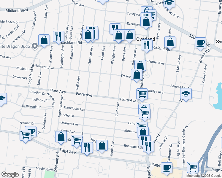 map of restaurants, bars, coffee shops, grocery stores, and more near 2226 Wengler Avenue in Overland