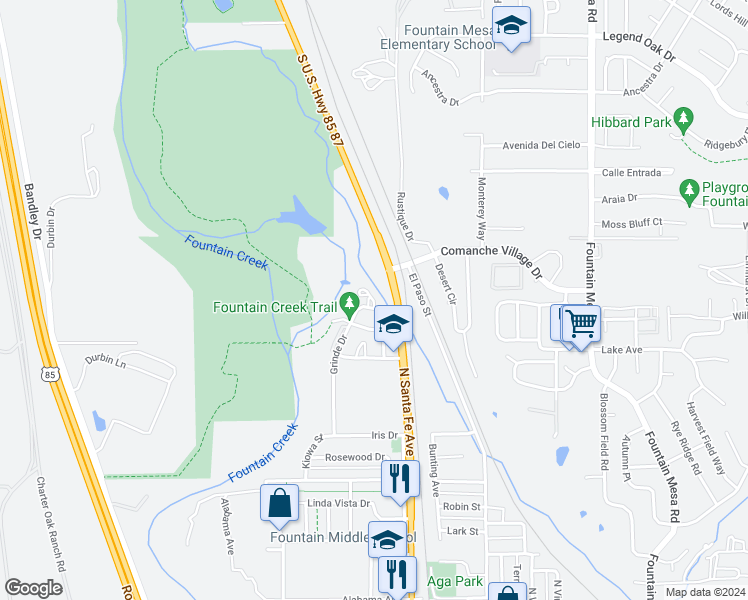 map of restaurants, bars, coffee shops, grocery stores, and more near 9385 Trail Side View in Fountain