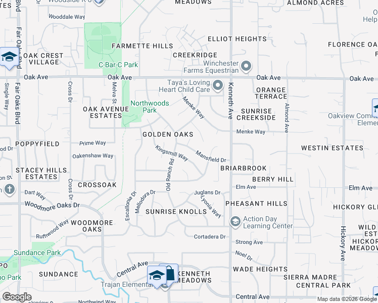 map of restaurants, bars, coffee shops, grocery stores, and more near 8432 Mansfield Drive in Citrus Heights