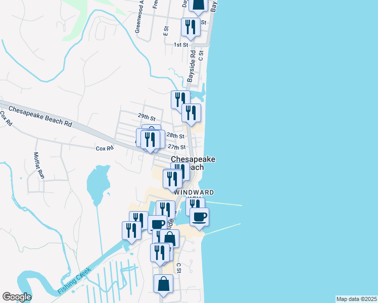 map of restaurants, bars, coffee shops, grocery stores, and more near 8236 Bayside Road in Chesapeake Beach