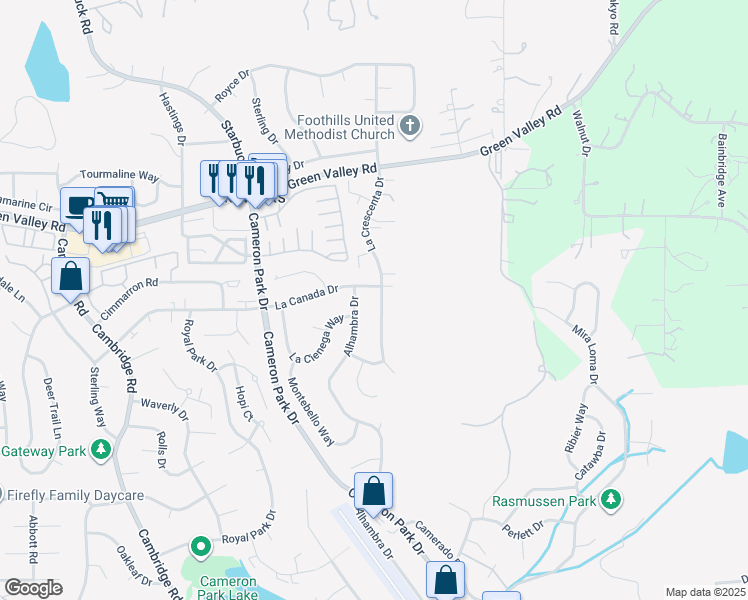 map of restaurants, bars, coffee shops, grocery stores, and more near 2760 La Crescenta Drive in Cameron Park