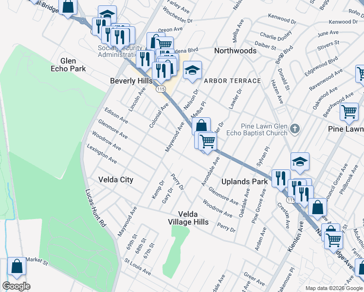 map of restaurants, bars, coffee shops, grocery stores, and more near 3513 Belaire Place in St. Louis