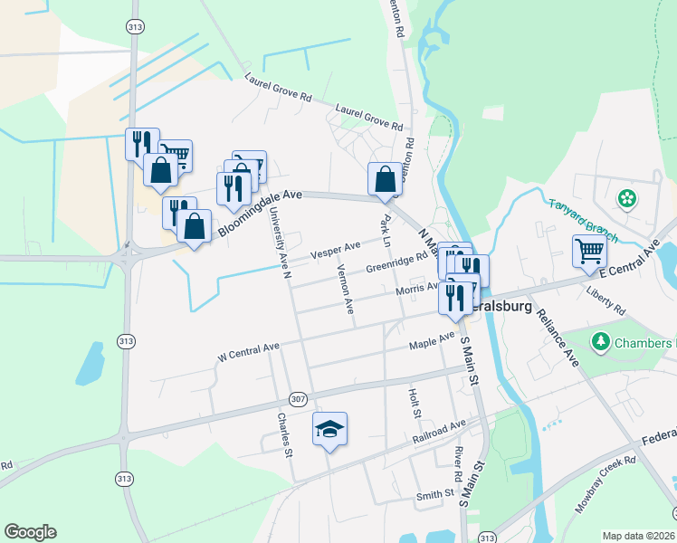 map of restaurants, bars, coffee shops, grocery stores, and more near 307 Greenridge Road in Federalsburg